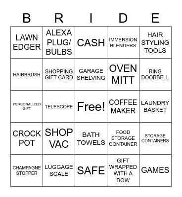 Bridal Bingo Card