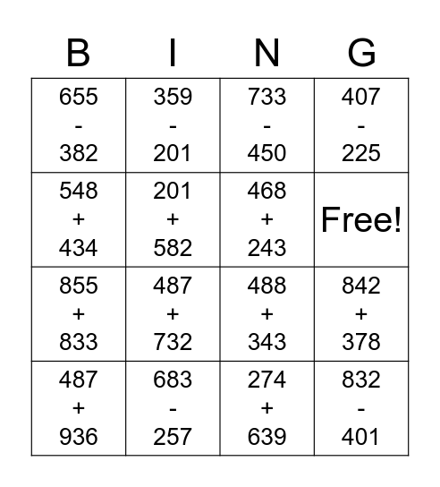 3 Digit Addition & Subtraction Bingo Card