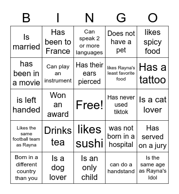 Rayna's Bingo Card