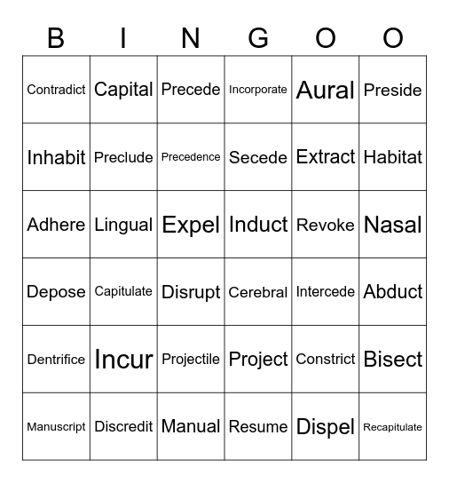 Vocabulary A Final Bingo Card