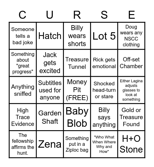 Curse of Oak Island Bingo Card