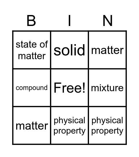 Matter and Energy Bingo Card