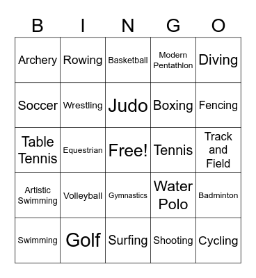 Summer Olympics Bingo Card