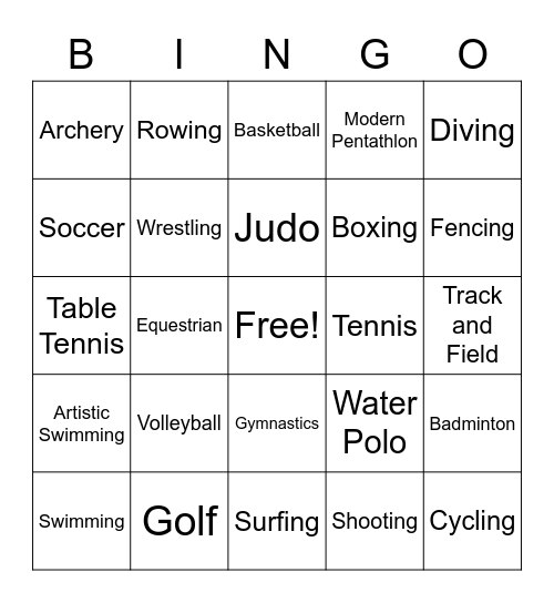 Summer Olympics Bingo Card