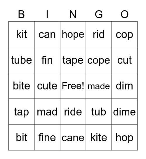 CVC or CVCe Bingo Card