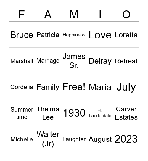 Thomas Family Retreat 2023 Bingo Card