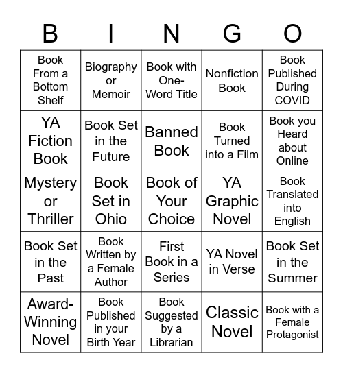 Teen Summer Reading Challenge Bingo Card