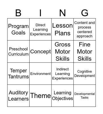 Preschool Curriculum Bingo Card