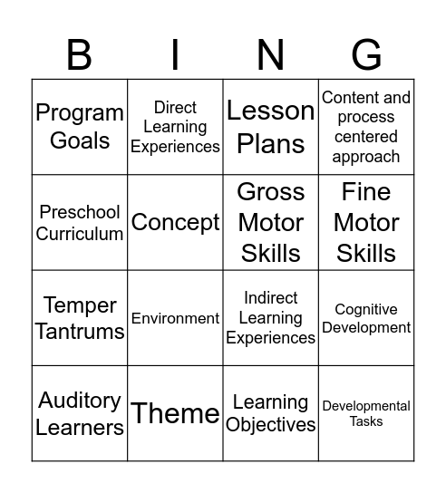 Preschool Curriculum Bingo Card