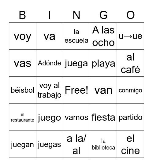 Unit 4 Spanish Bingo Card