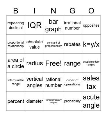 7th Grade Math Bingo Card
