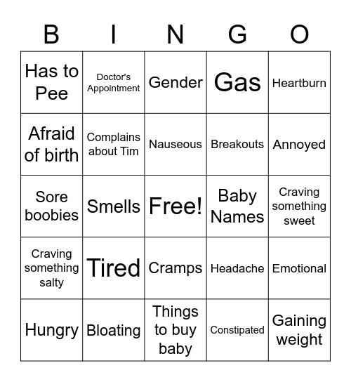 Pregnancy Bingo Card