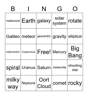 Astronomy Bingo Card