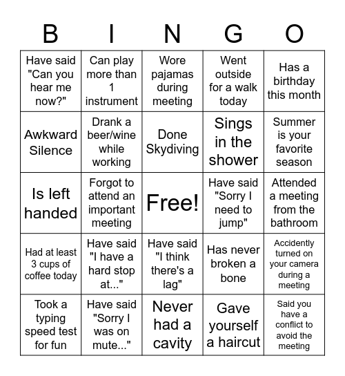 Virtual Meetings Bingo Card
