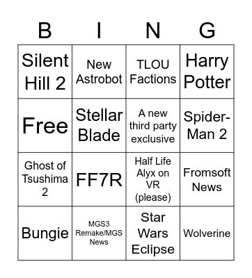 PlayStation Showcase Bingo Card