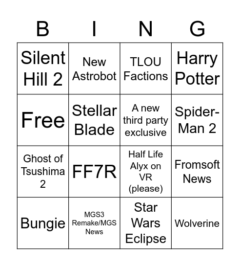 PlayStation Showcase Bingo Card