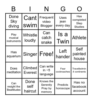 Team Building Bingo Card