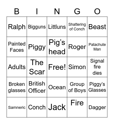 Lord of the Flies Symbolism Bingo Card