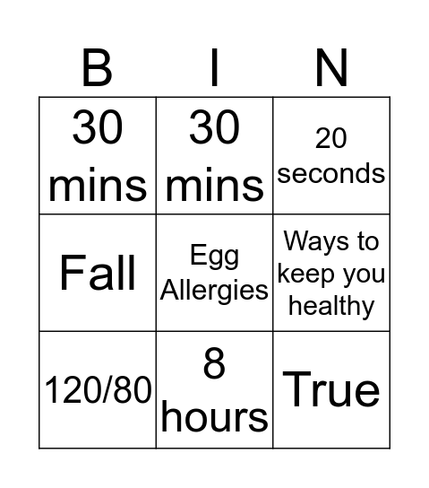 Preventive Health Bingo Card