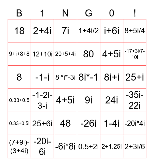 Complex Numbers Bingo Card