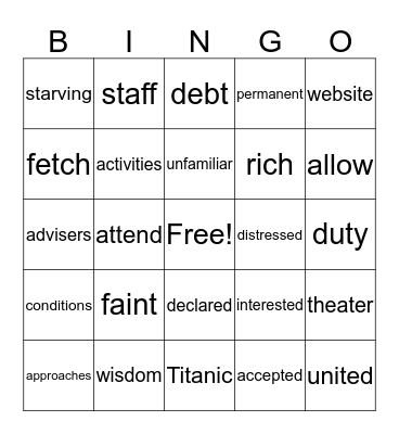 Vocabulary Review Bingo Card