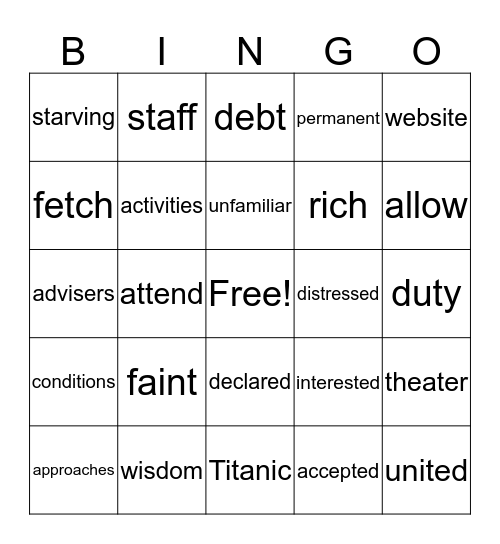 Vocabulary Review Bingo Card