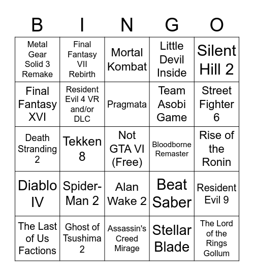 PlayStation Showcase Bingo Card