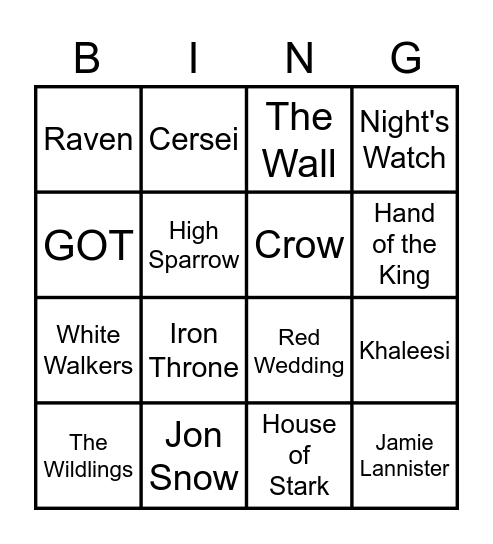 Winter is coming Bingo Card