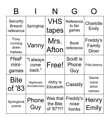 FNAF MOVIE BINGO!!!! Bingo Card