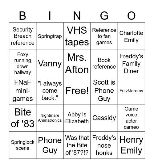 Filme FNaF Bingo Card