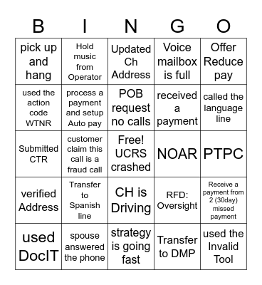 Outbound Call Bingo Card