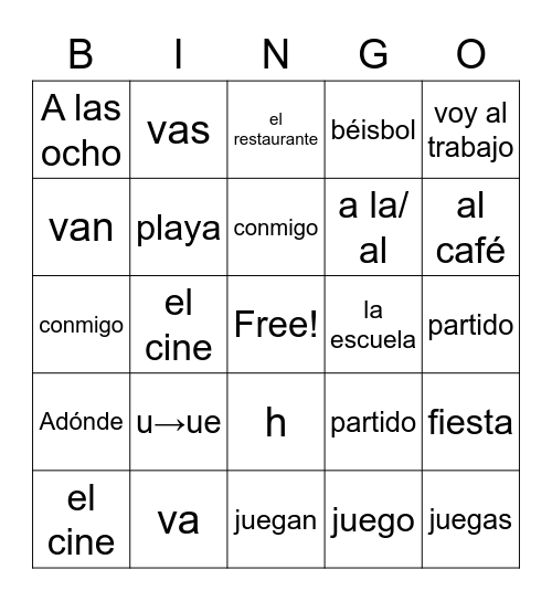 Unit 4 Spanish Bingo Card