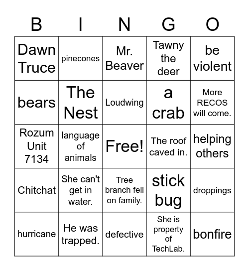 The Wild Robot Bingo Card