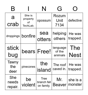 The Wild Robot Bingo Card