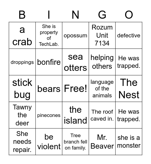 The Wild Robot Bingo Card