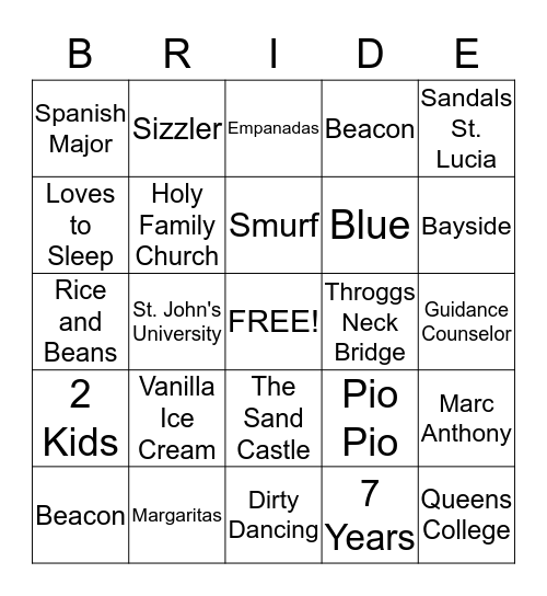 Mireya's Bridal Shower Bingo Card