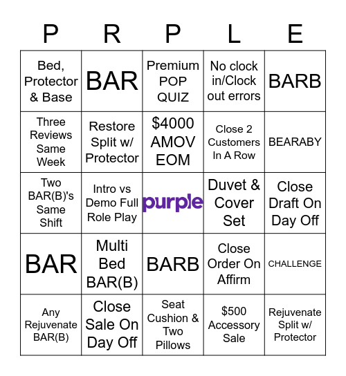 PURPLE Bingo Card