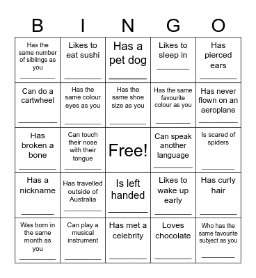 NSW PS Dance Ensemble BINGO! Find someone who... Bingo Card
