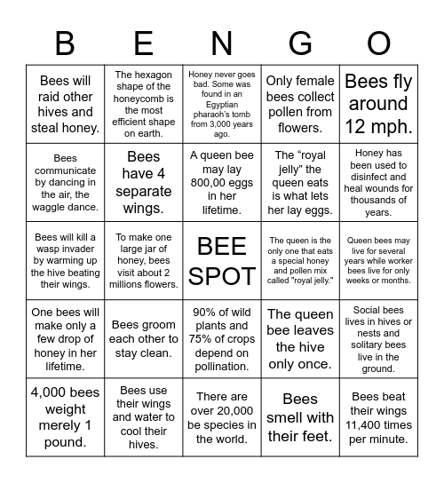 Bee Facts Beengo Bingo Card