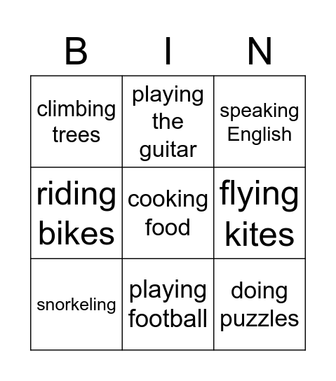verb (be) plus ing Bingo Card