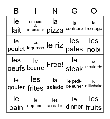 La nourriture Bingo Card