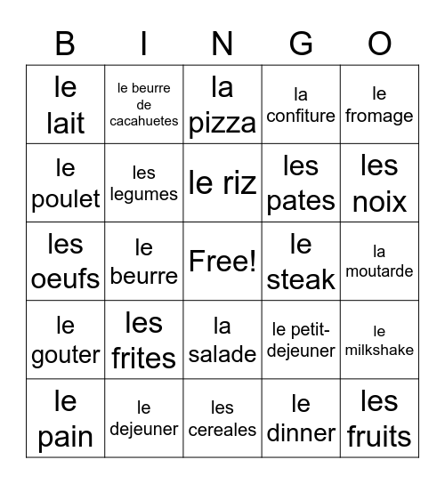 La nourriture Bingo Card