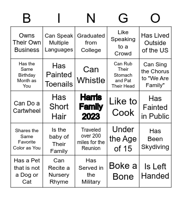 2023 Harris Family Reunion BINGO Card