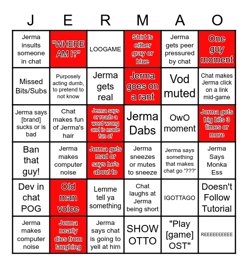 Jerma Stream Bingo Card Bingo Card