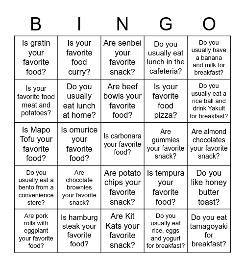 My Answers 4: My Diet Bingo Card