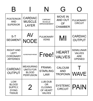 Cardiovascular Bingo Card