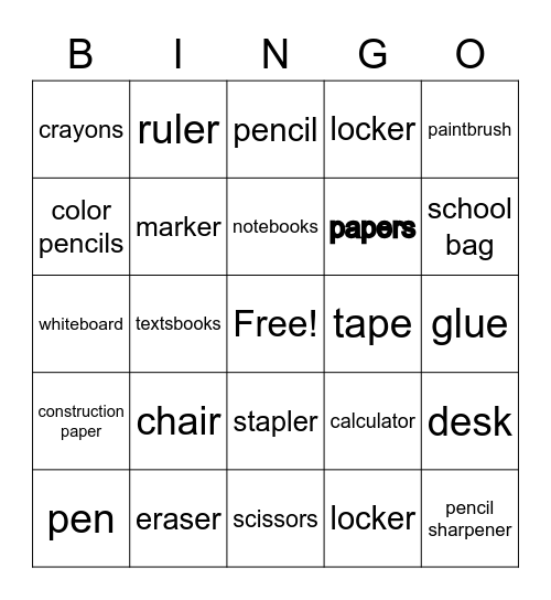 Classroom Object Bingo Card