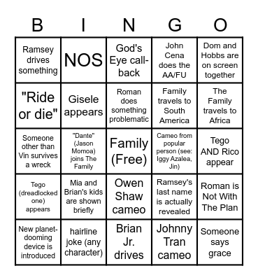 Fast X Bingo Card