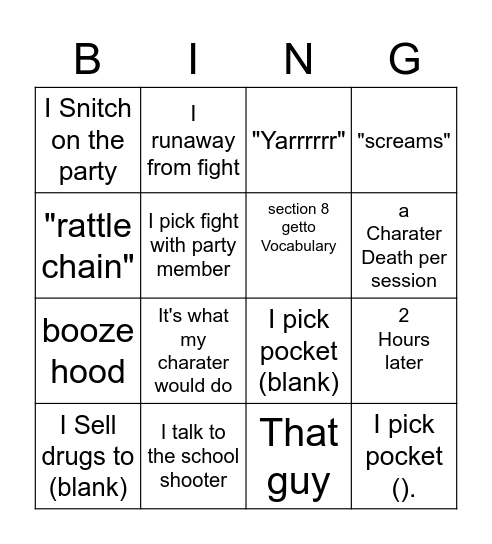 Hobs RP Charater bingo Card