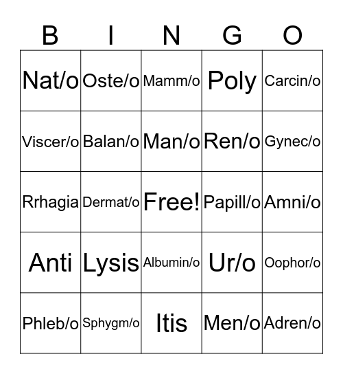 Medical Terminology Bingo Card